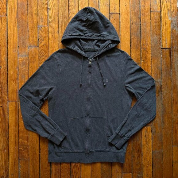 AllSaints Zip Up Hoodie Sweatshirt Women Medium Gray Embroidered Essential Prepp - Picture 1 of 5
